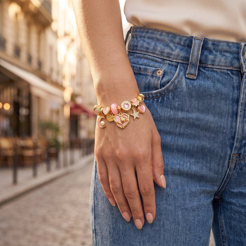 Blushline Rose and Heart Cable Wire Cuff worn on the wrist