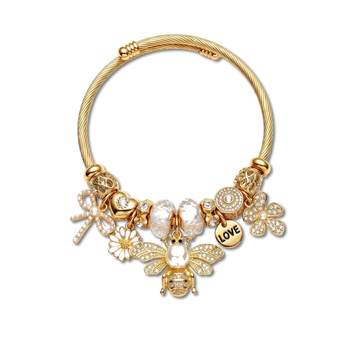 Hedgerow Bee and Pearl Floral Cuff Bangle