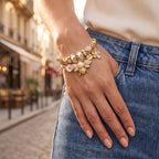 Hedgerow Bee and Pearl Floral Cuff Bangle worn on the wrist