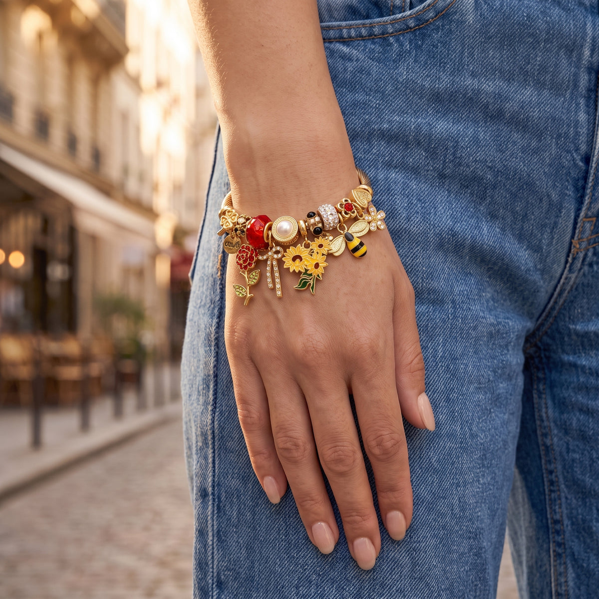 Hedgerow Sunflower and Bee Twisted Bangle worn on the wrist