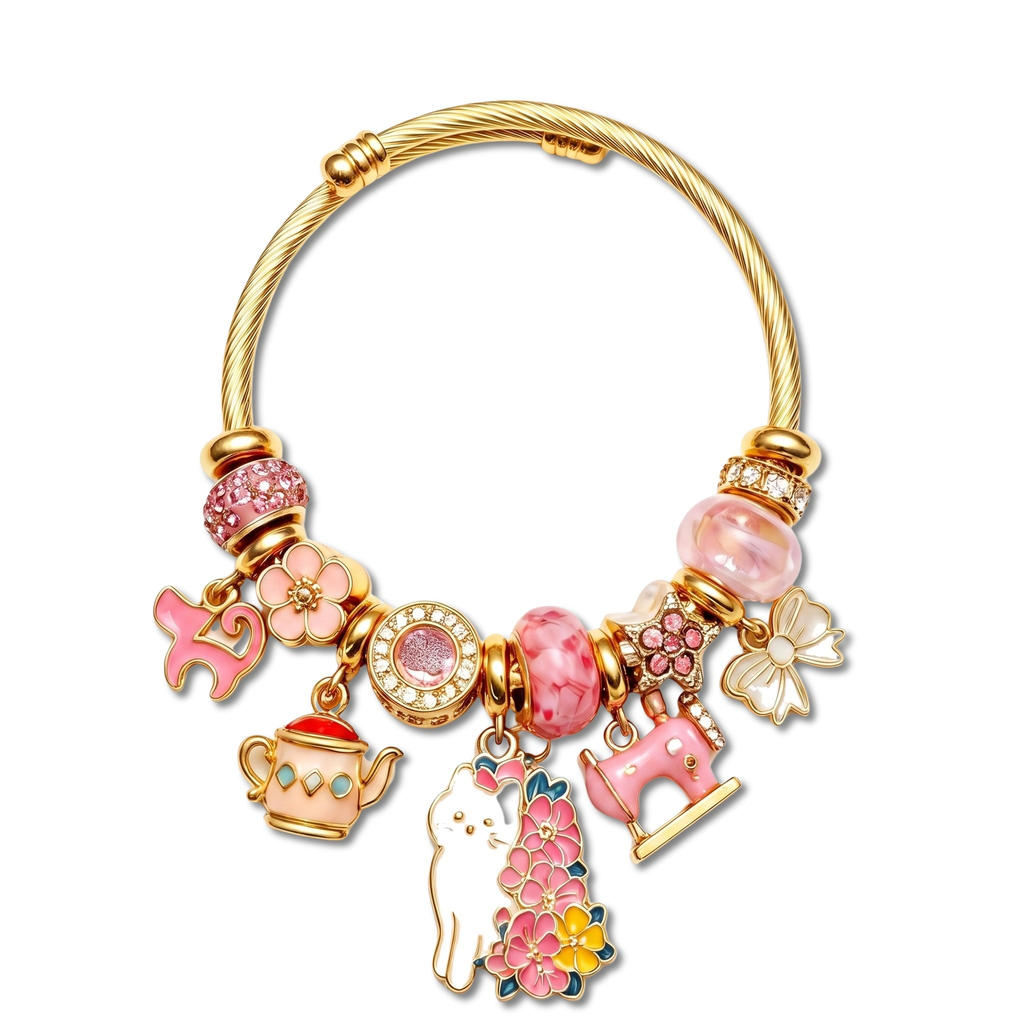 Orchard Cherry Blossom and Cat Twisted Bangle