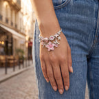 Orchard Sakura Blossom Silver Bangle worn on the wrist