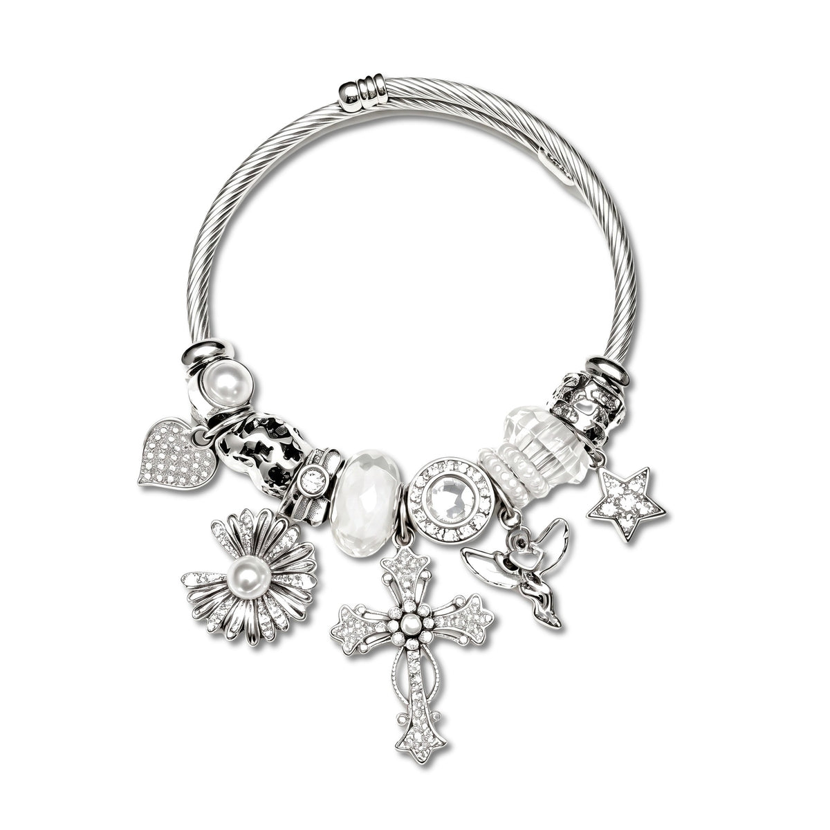 Reliquary Angel and Cross Silver Cuff Bangle