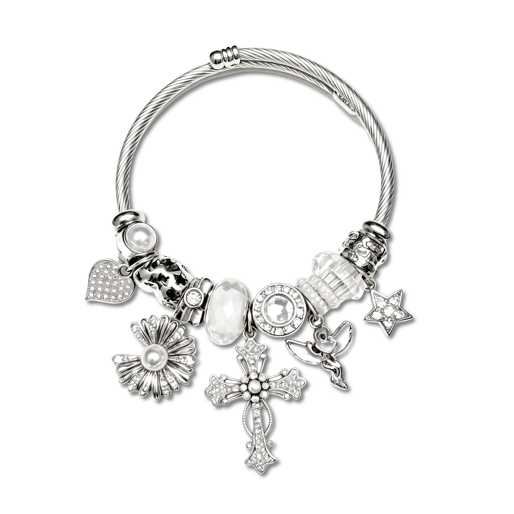 Reliquary Angel and Cross Silver Cuff Bangle