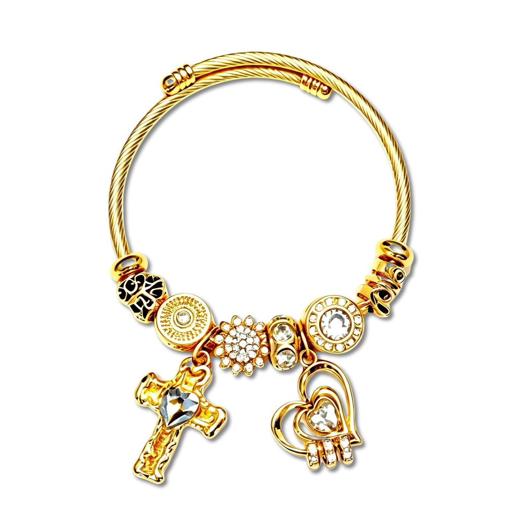 Reliquary Cross and Heart Charm Bangle