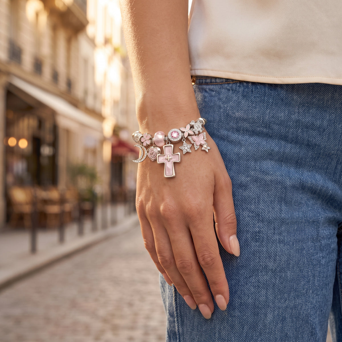 Reliquary Pink Cross Cable Cuff Bangle worn on the wrist