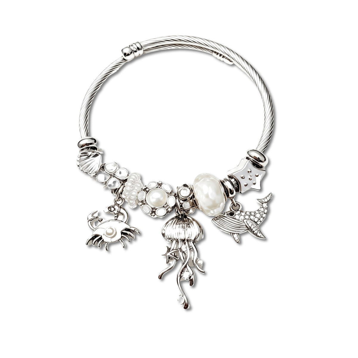 Rockpool Jellyfish and Crab Silver Bangle