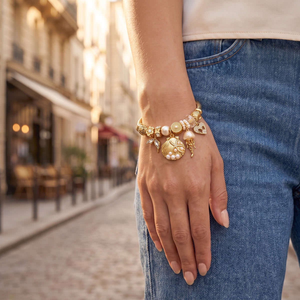 Rockpool Shell and Pearl Sea Bracelet worn on the wrist